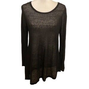 EILEEN FISHER Black Organic Linen Long Sleeve Asymmetrical Hem Top Size PS